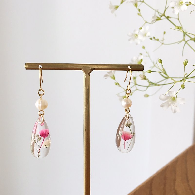 Swing drop shape earrings of babys breath and freshwater pearl (Gold) - ต่างหู - วัสดุอื่นๆ สีใส