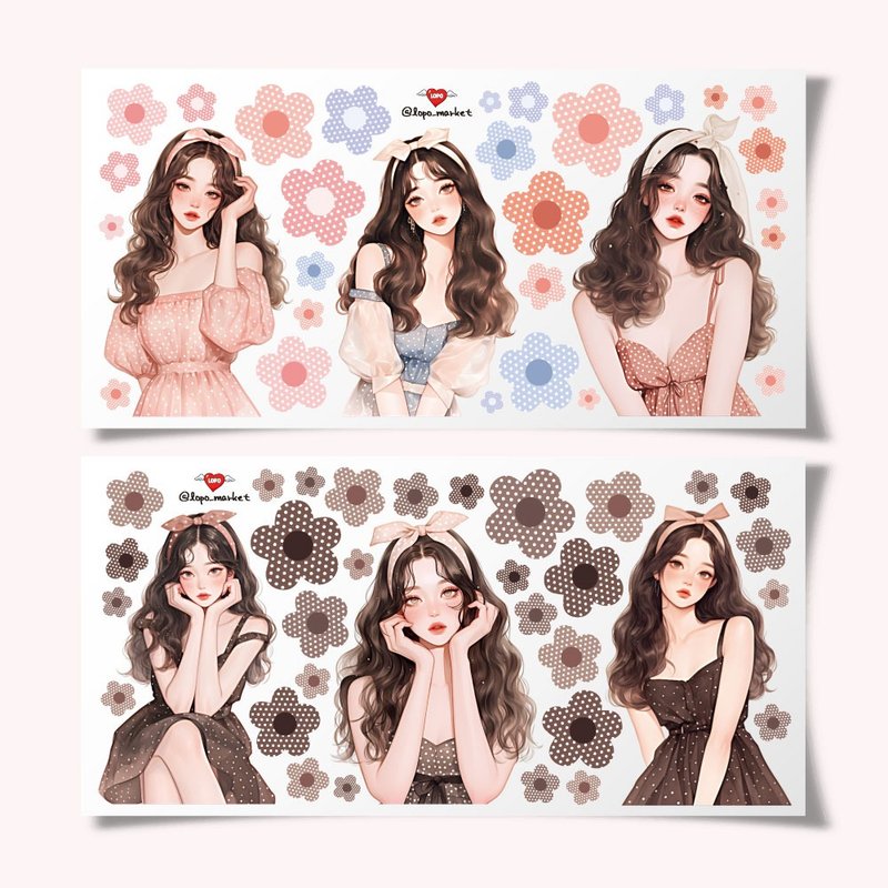 Polka dot dress girl matte stickers (set of 6) - สติกเกอร์ - กระดาษ 