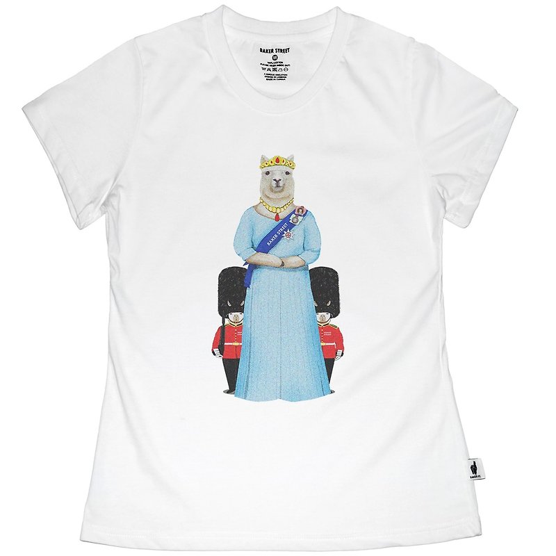 British Fashion Brand -Baker Street- Queen of Alpaca Printed T-shirt - เสื้อยืดผู้หญิง - ผ้าฝ้าย/ผ้าลินิน ขาว