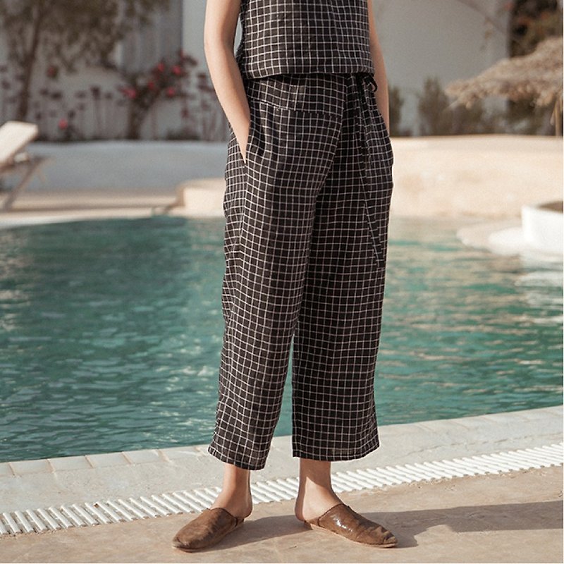 Black and white checkered high waist wrinkle lace wide wide leg straight pants full linen please let go of the fishing fisherman do not have to worry about waist series summer cool color Morocco return | vitatha fan tower original design independent women& - กางเกงขายาว - ผ้าฝ้าย/ผ้าลินิน สีดำ