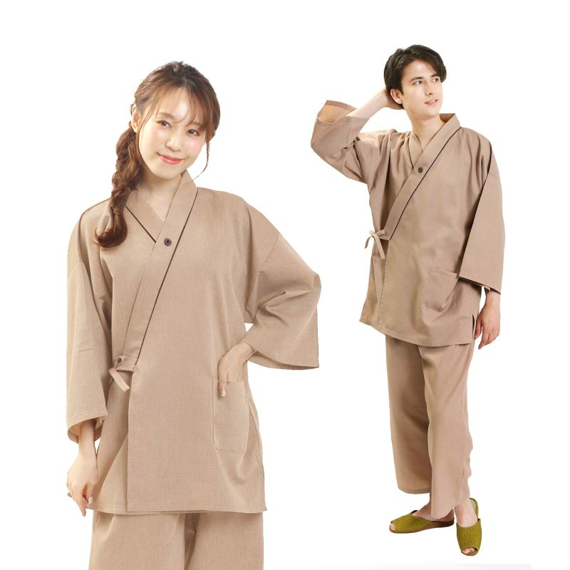 日本 和服 男女兼用 作務衣 套裝 日式 室內服 甚平 睡衣 M L - 女上衣/長袖上衣 - 其他材質 咖啡色