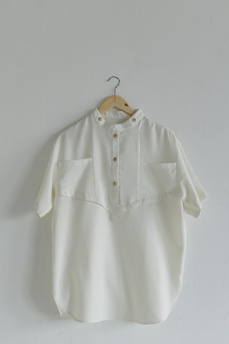 其他材質 男襯衫/休閒襯衫 白色 - White Mao Collar Shirt