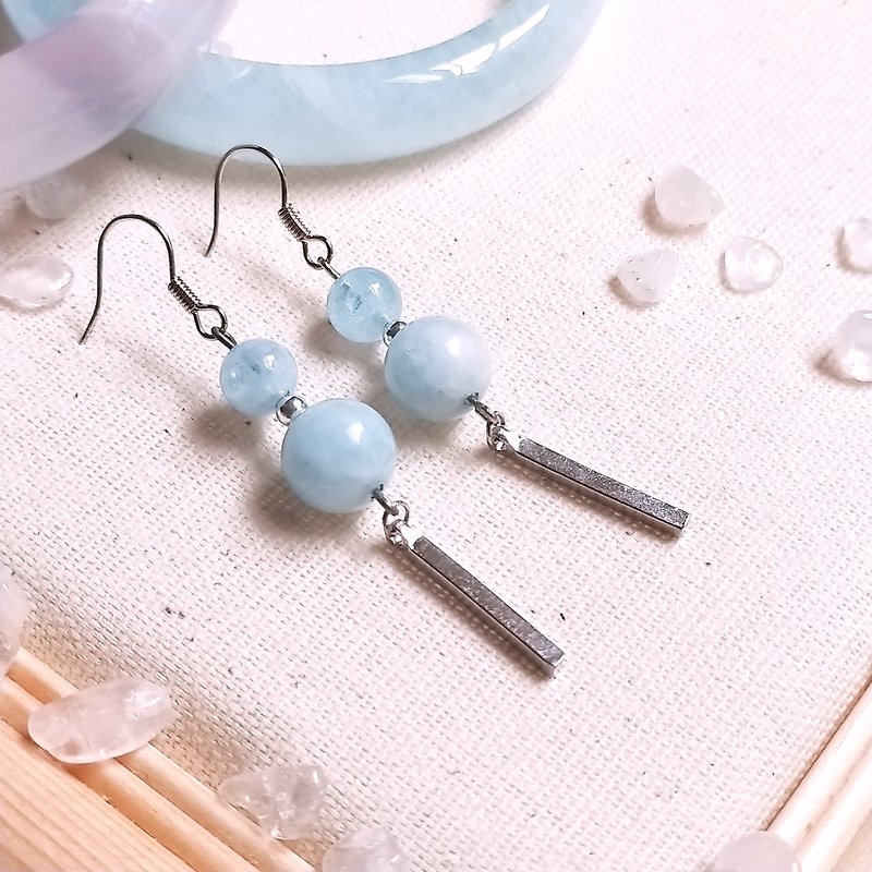 J019-Natural Stone Bead String Earrings Aquamarine Small Gourd - Earrings & Clip-ons - Semi-Precious Stones Blue