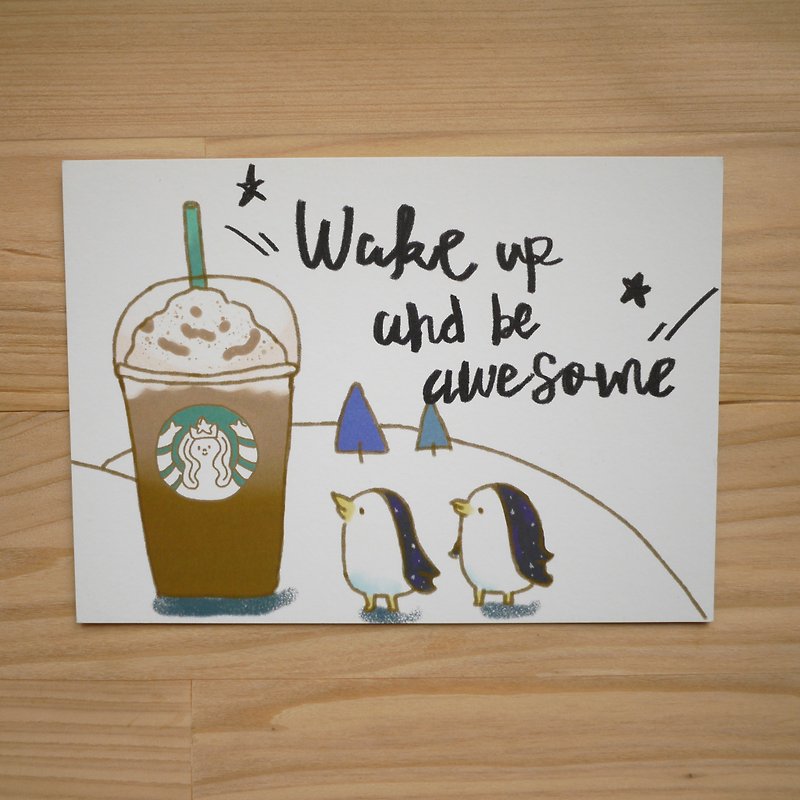Postcard / Penguin Coffee Wake up and be awesome - Cards & Postcards - Paper White
