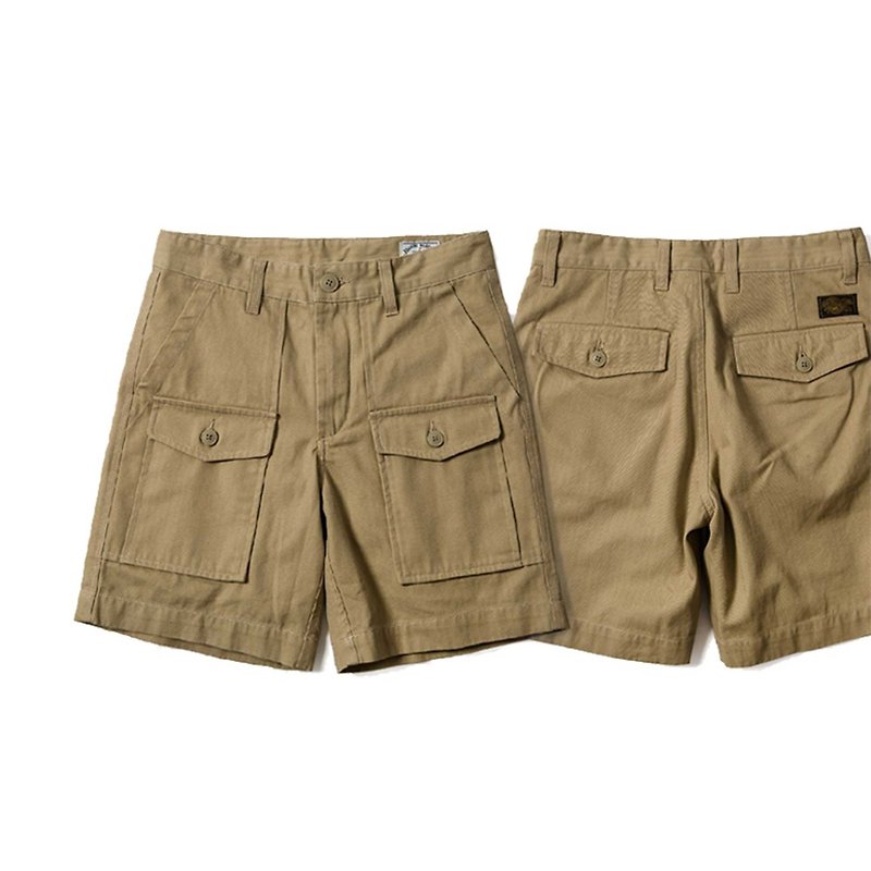 Cotton Herringbone Work Shorts - Brown - กางเกงขาสั้น - ผ้าฝ้าย/ผ้าลินิน สีกากี