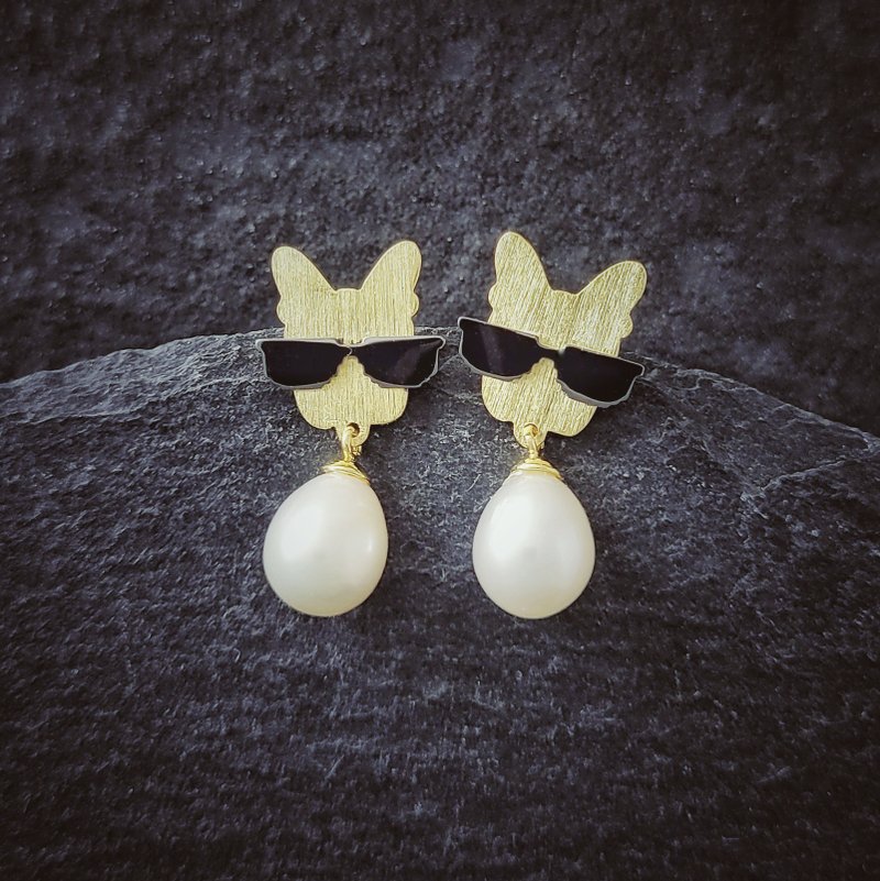 Hip Hop MR BU Sterling Silver Freshwater Pearl Earrings (Frosted) - ต่างหู - เงิน สีเหลือง