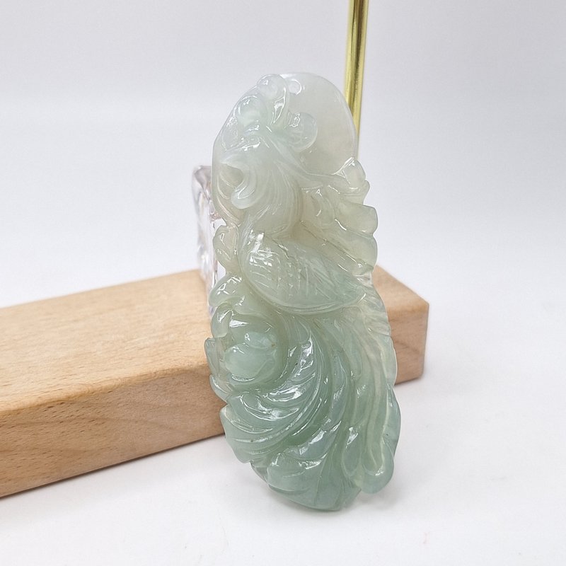 冰潤三彩手工雕刻鳳凰吊墜 | 天然緬甸玉A貨翡翠 - 項鍊 - 玉石 