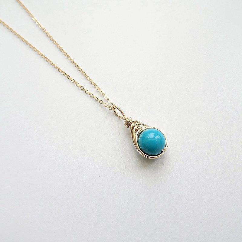 Turquoise Herringbone Wire Wrapped Charm 14K GF Necklace | Silver Available - Necklaces - Semi-Precious Stones Blue