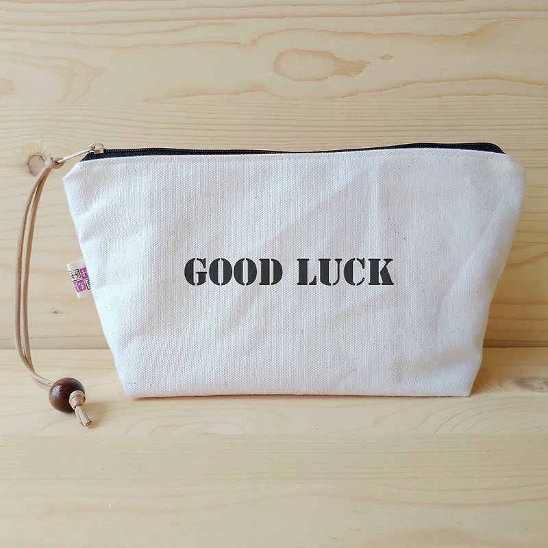 Positive Energy Makeup Bag_Good Luck - กระเป๋าเครื่องสำอาง - ผ้าฝ้าย/ผ้าลินิน ขาว