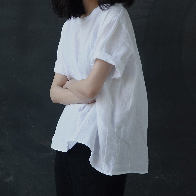 圓領寬松極簡白T恤|T恤|圓領|亞麻|獨立品牌|Sora - 女 T 恤 - 棉．麻 白色