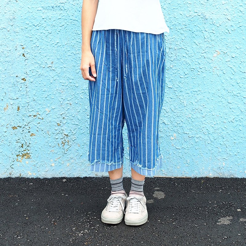 Maverick Village handmade cotton light tannin striped pants [Wenqing wear day] C-08 sold out does not make up - Women's Pants - Cotton & Hemp Blue