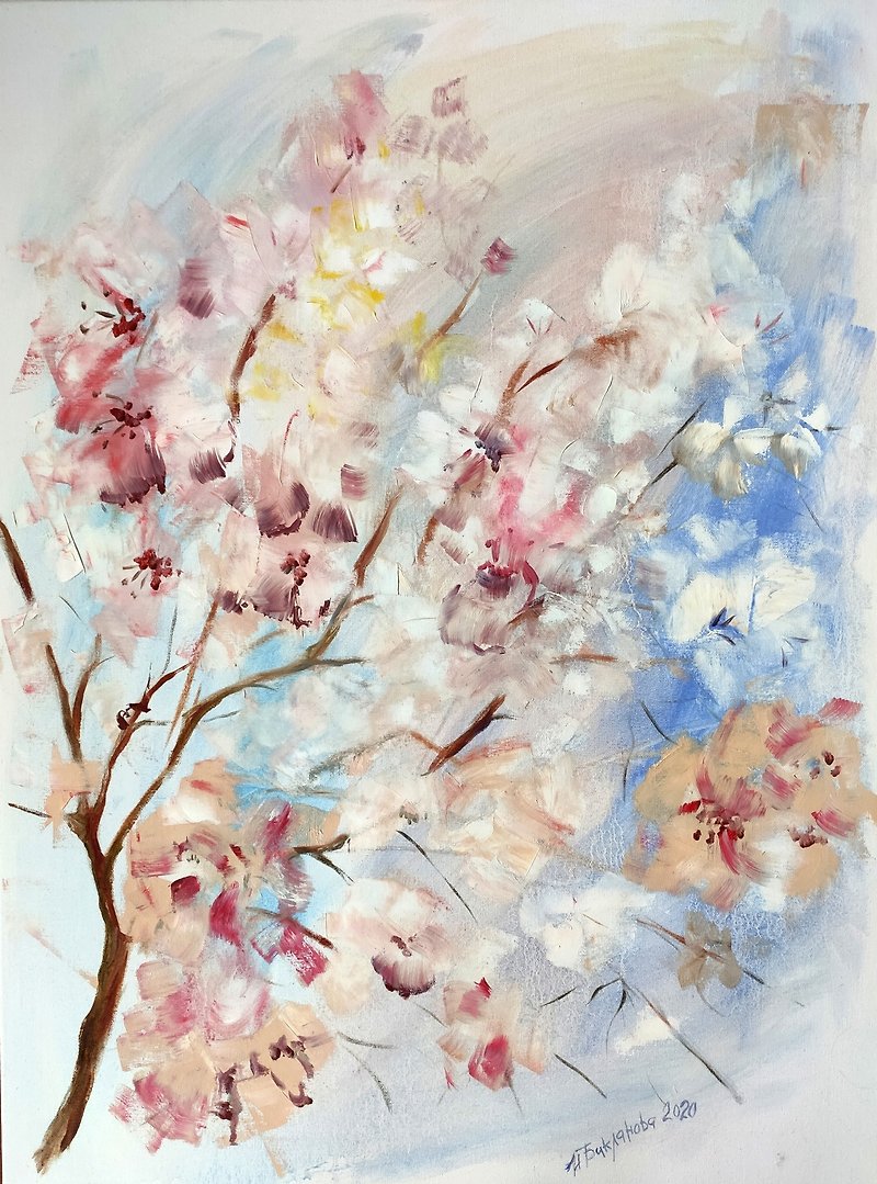 Gentle Sakura Bloom Original painting Floral Spring Scenery FengShui Bridal Gift - Wall Décor - Other Materials Pink