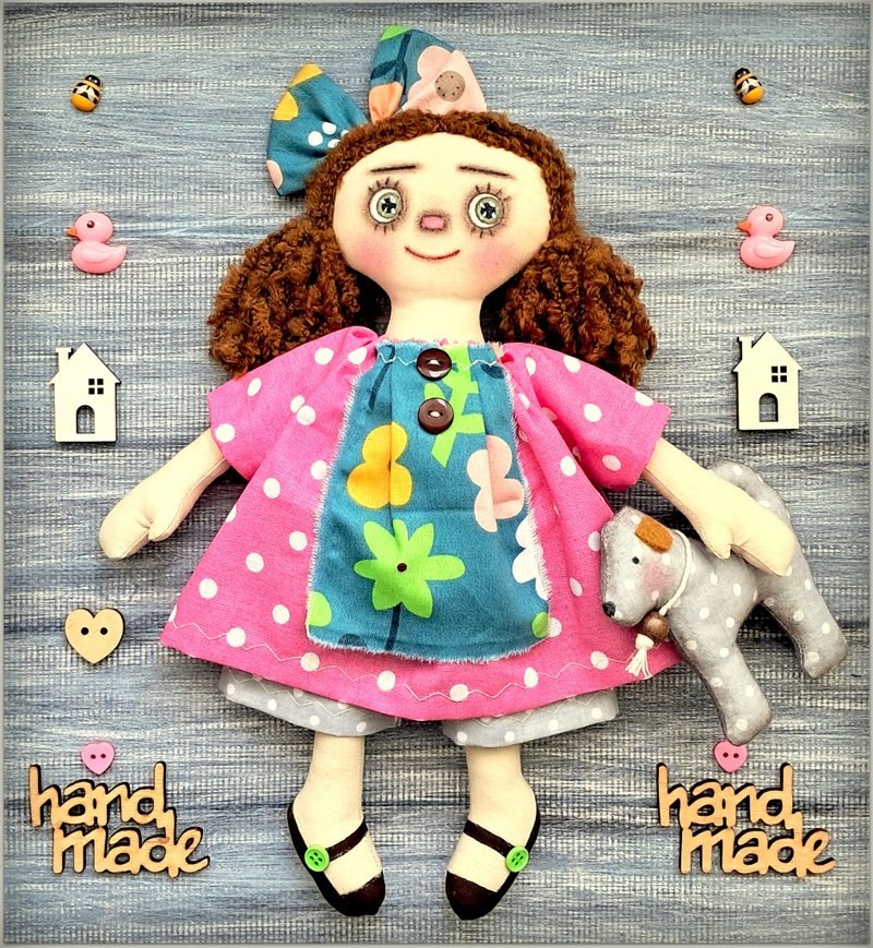 fabric soft doll Primitive Raggedy Doll Pattie rag doll stuffed cloth doll - 玩偶/公仔 - 棉．麻 粉紅色