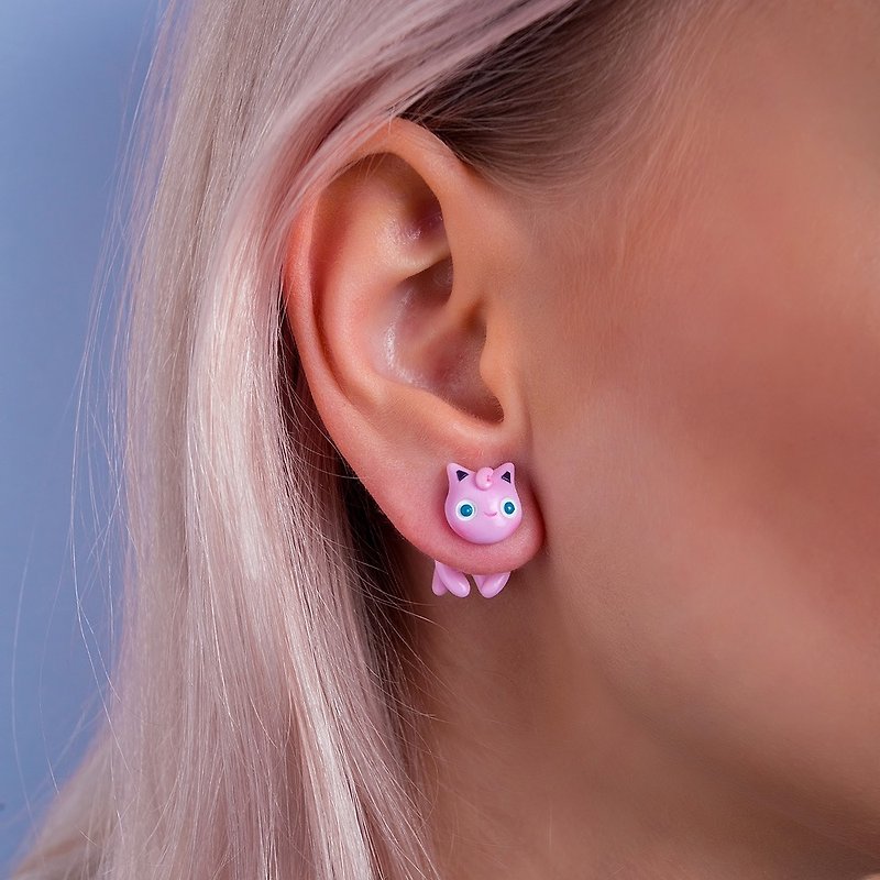 Pink Cat Earrings - Kawaii Cat Earrings Polymer Clay - ต่างหู - ดินเหนียว สึชมพู
