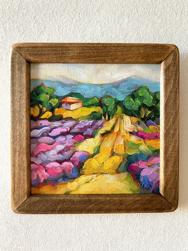 薰衣草田繪畫托斯卡納原創藝術風景油畫厚塗小幅藝術品 8x8 托斯 - 壁貼/牆壁裝飾 - 木頭 