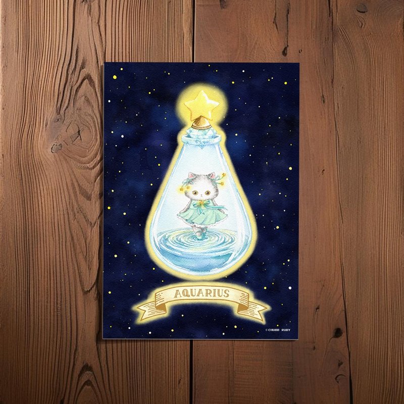 Original Aquarius Cat Watercolor Hand-Painted Postcard - การ์ด/โปสการ์ด - กระดาษ หลากหลายสี