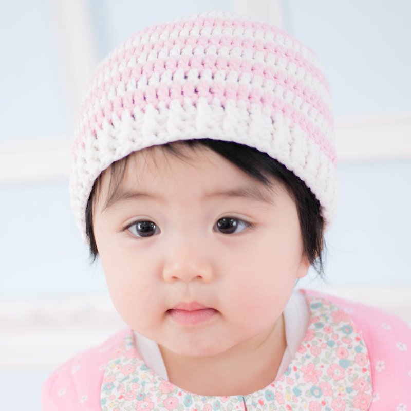 Cutie Bella Hand Knitted Hat Stripe-Cream/Pink - หมวกเด็ก - ผ้าฝ้าย/ผ้าลินิน ขาว