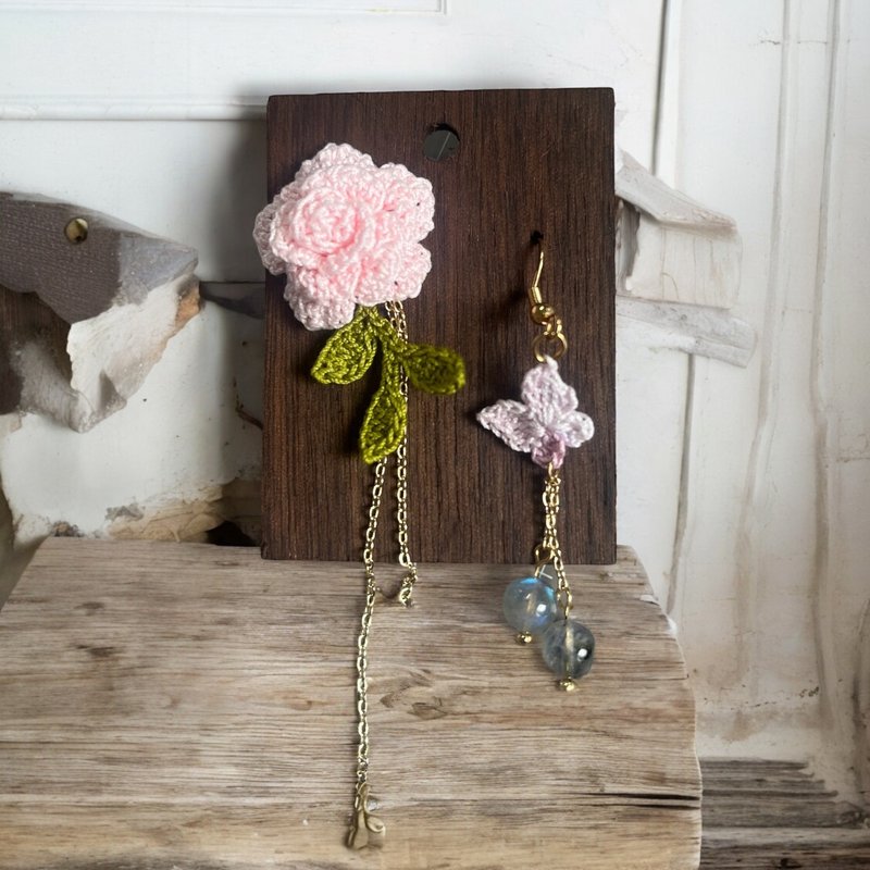 Slightly Hooked Rose and Butterfly Drop Gray Moonlight Earrings - Earrings & Clip-ons - Cotton & Hemp Pink