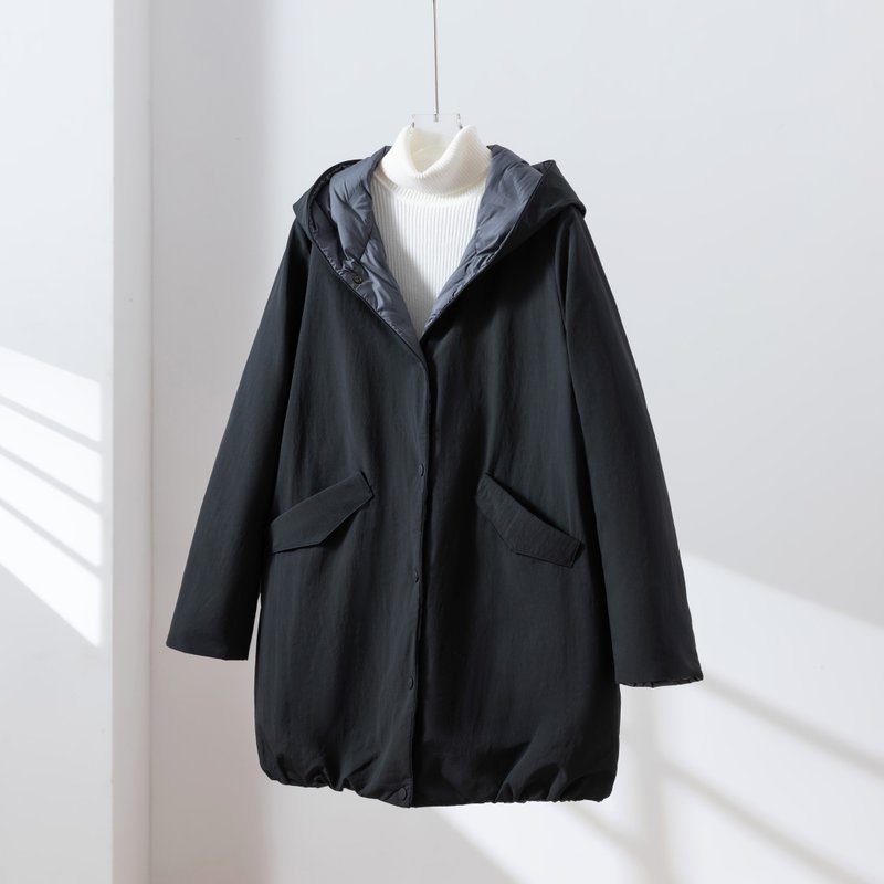 1枚で2つの魅力   ふんわりショールカラー　リバーシブルダウン　ダウンコート　ブラック+ブルーグレー251108-3 - 女大衣/外套 - 其他材質 黑色