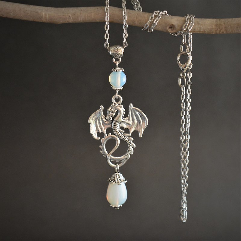 Opalite dragon necklace Antique silver dragon moonstone pendant necklace - Necklaces - Other Metals 