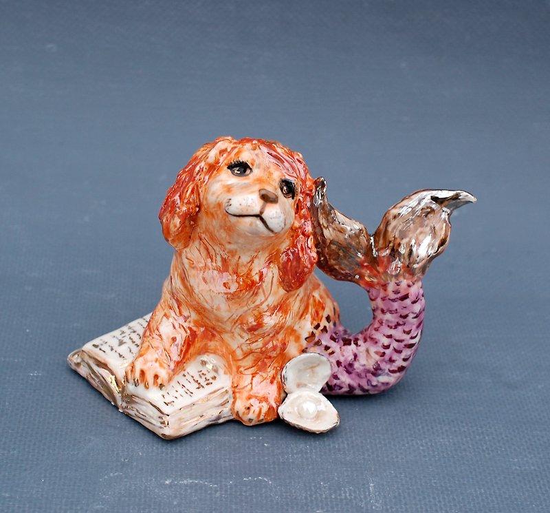 Ceramic dog figurine Fairy sculpture Mermaid Spaniel Handmade porcelain figurine - 擺飾/家飾品 - 陶 多色