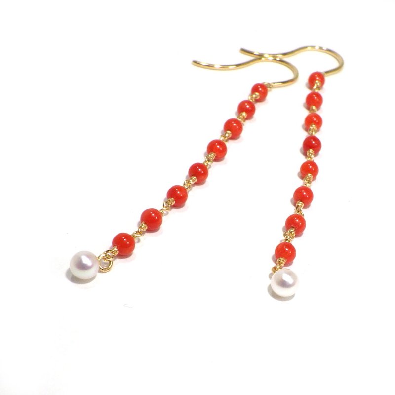 Coral Japanese Akoya pearl earrings 18K yellow gold - ต่างหู - ไข่มุก 