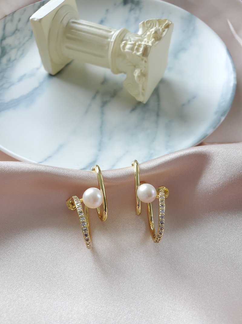Pearl Suspender Earrings - Double Hoop Earrings - Pearl Wrap Earrings - Earrings & Clip-ons - Copper & Brass Silver