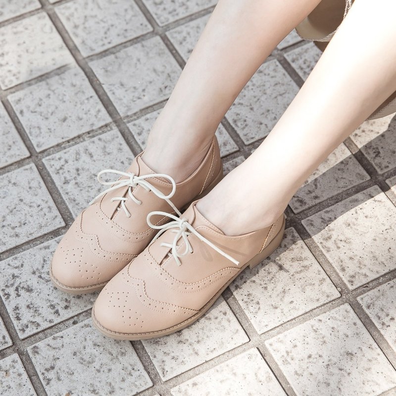 Oxford all-match textured low-heeled shoes FE77 - รองเท้าอ็อกฟอร์ดผู้หญิง - หนังเทียม สีกากี