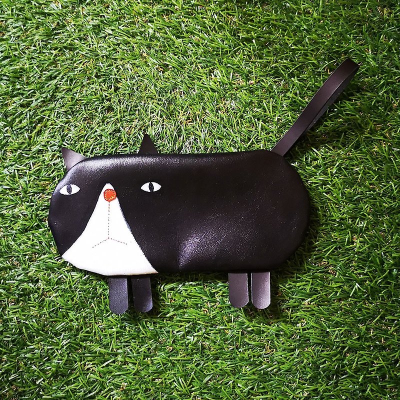 Cute funny hand-painted cat zipper pencil case & wallet / universal bag-hand-painted + black leather - Pencil Cases - Genuine Leather Black