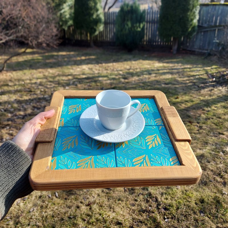 Wood coffee tray with handpainted wood tiles - ถาดเสิร์ฟ - ไม้ สีน้ำเงิน