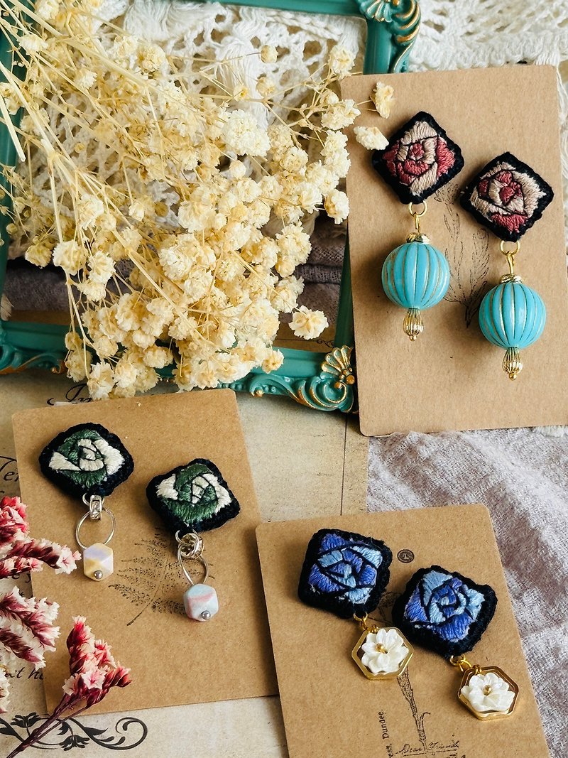 Embroidered Earrings Geometric Rose Stud Drop Earrings - Earrings & Clip-ons - Cotton & Hemp Multicolor