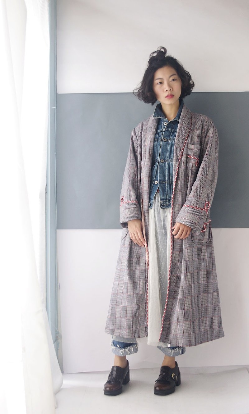 4.5studio- Geocaching vintage - style cotton bathrobes Houndstooth Long Jacket - Women's Casual & Functional Jackets - Polyester Gray