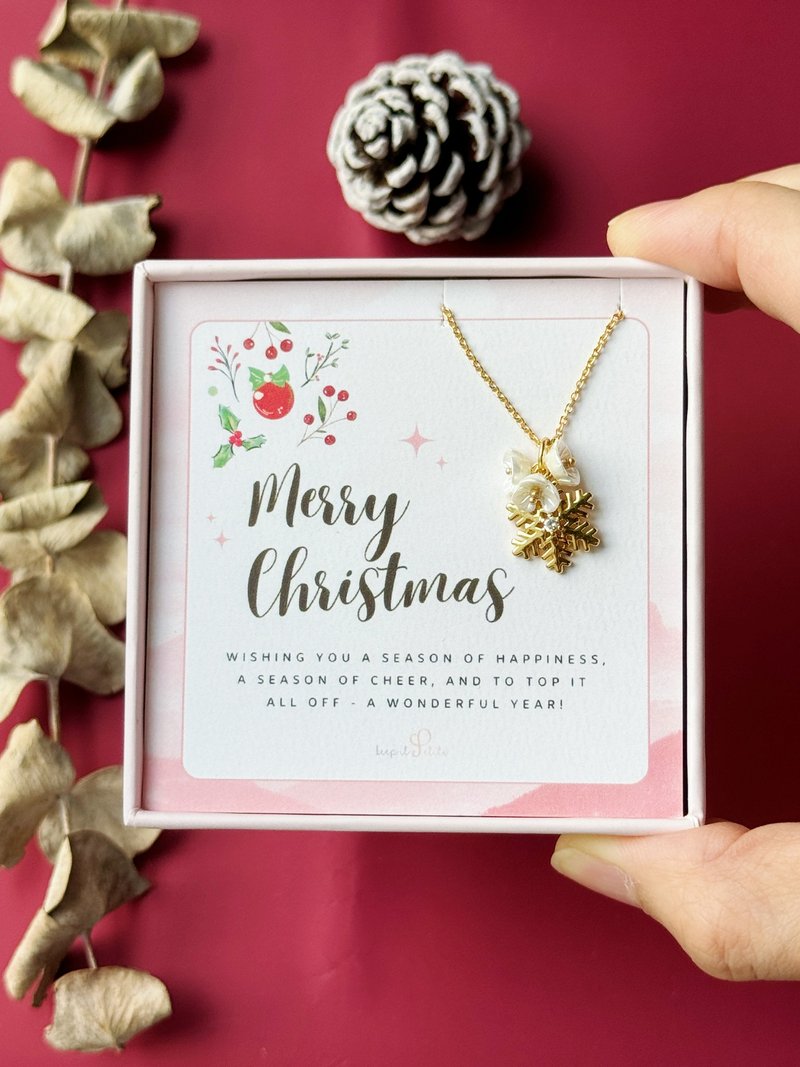 Christmas gift three small flowers romantic Stone small snowflake gold-plated necklace gift box - สร้อยคอ - โลหะ สีทอง