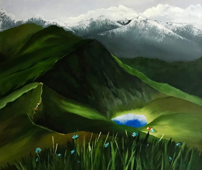 Mountain landscape painting, Original oil art on large canvas, Living room decor - ตกแต่งผนัง - วัสดุอื่นๆ หลากหลายสี