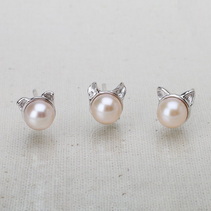 925 Sterling Silver X freshwater pearl【Cat Ear Earrings】American Curl - ต่างหู - เงินแท้ สีเงิน