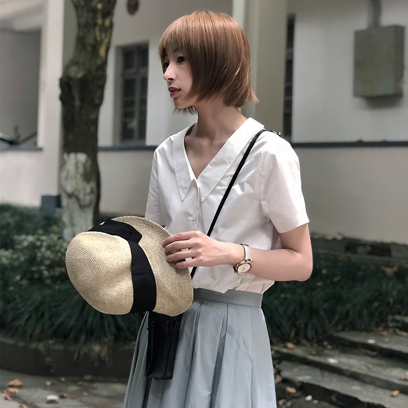 日系小眾翻領襯衫|襯衫|棉|獨立品牌|Sora-150 - 女襯衫 - 棉．麻 白色