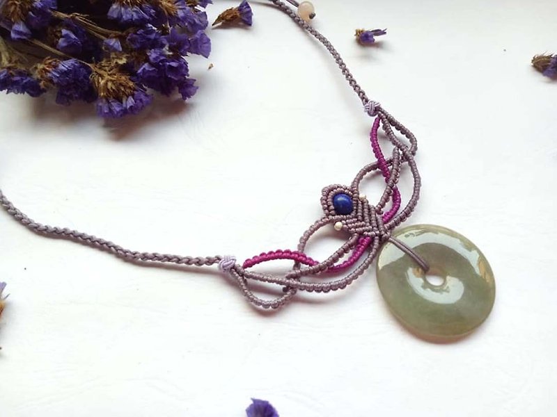 Hand-woven macrame series/natural Burmese jade A jade~Ice violet round necklace design - Necklaces - Jade 