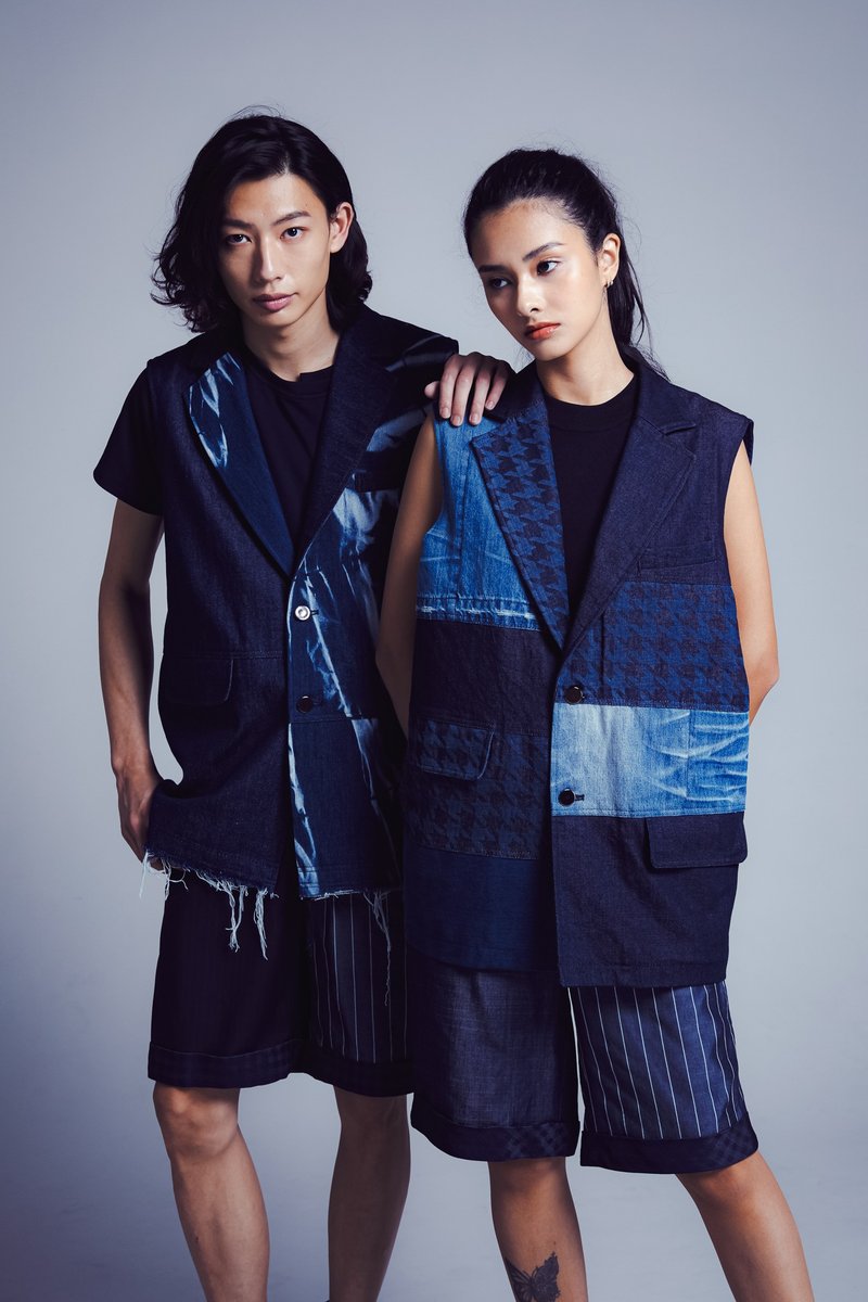 2023文博會【Story Wear】手工丹寧6格拼接長版背心 - 男背心 - 棉．麻 