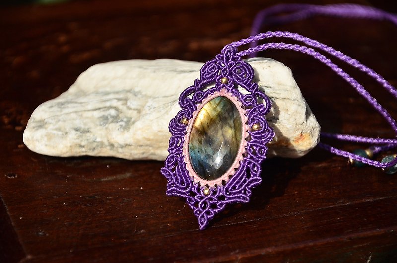 天然水晶-拉長石-手制花邊編織項鍊 - 項鍊 - 寶石 紫色