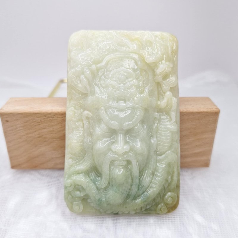 Floating Flower Belt Yellow Jade Guan Sheng Emperor Guan Gong Pendant | Natural Burmese Jade A Grade Jadeite - สร้อยคอ - หยก 