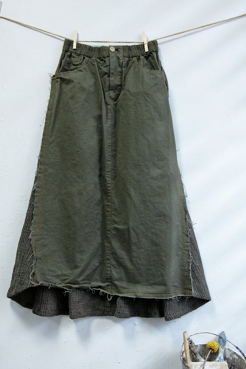 _ Light dreamy cotton Linen splicing skirt - Skirts - Cotton & Hemp Green