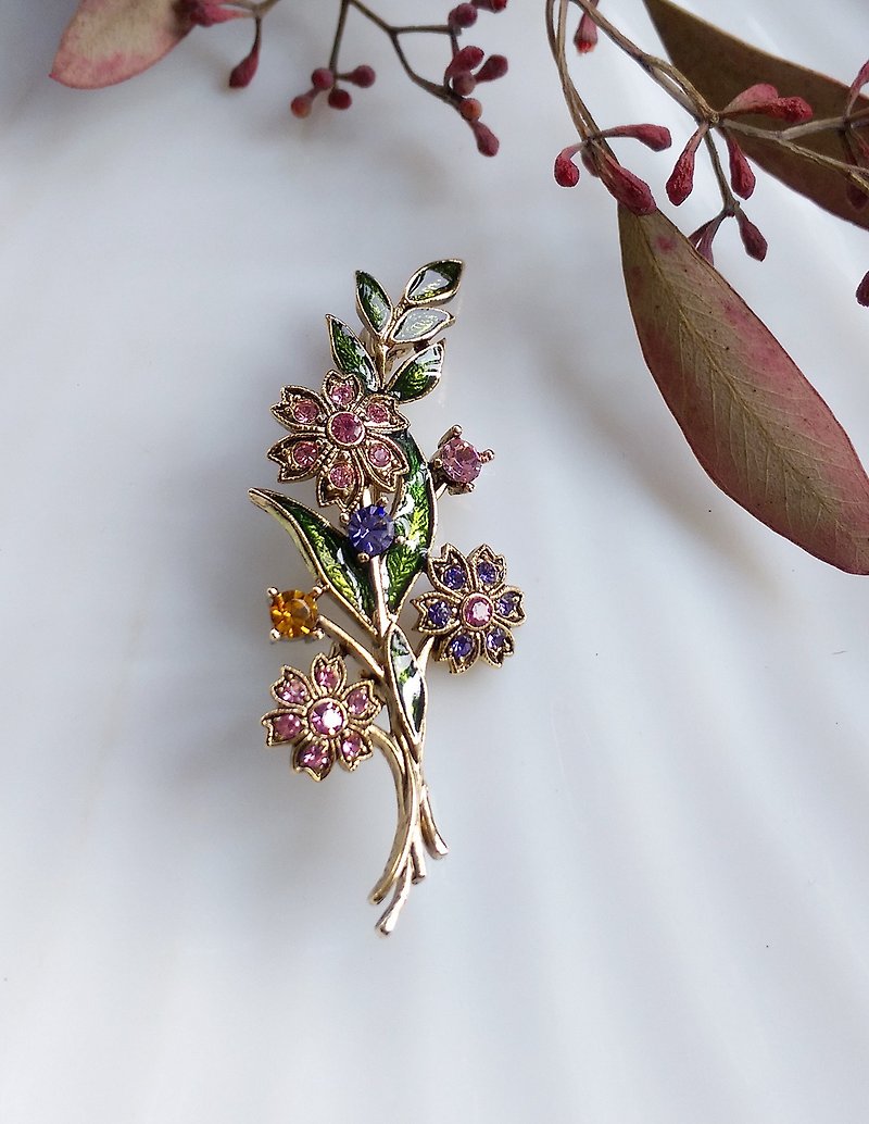 Western antique jewelry. Art Nouveau bouquet pin - เข็มกลัด/พิน - โลหะ สีทอง
