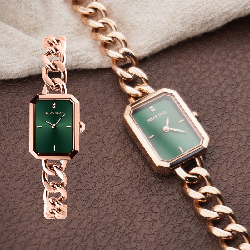 RELAX TIME 長方手鍊風格女錶 玫瑰金 綠 (RT-109-2-06) - 女錶 - 不鏽鋼 綠色