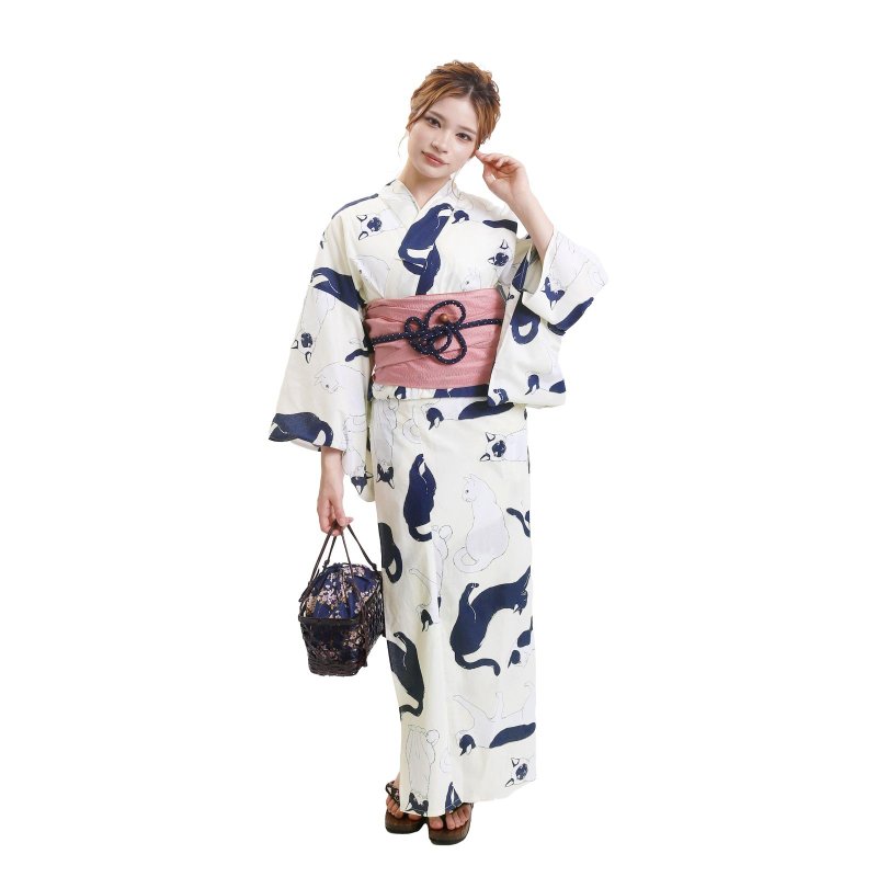 Women's cat pattern yukata and obi 2-piece set F size x33-12 yukata - อื่นๆ - ผ้าฝ้าย/ผ้าลินิน สีน้ำเงิน