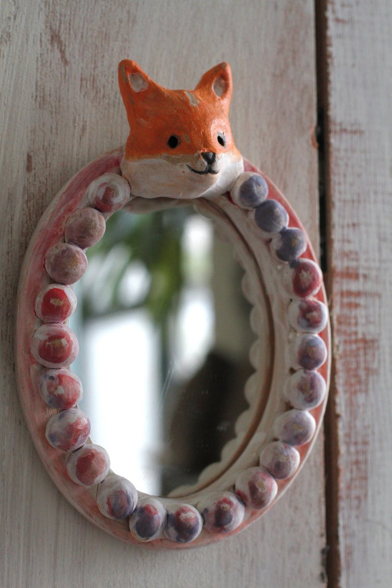 手作りの子ぎつね陶器ミラー - 置物 - 陶器 オレンジ
