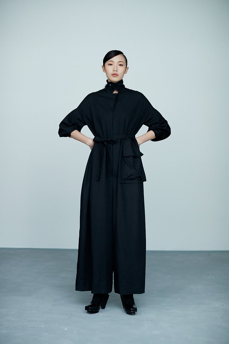 Black stand-up collar surging sleeves jumpsuit - Overalls & Jumpsuits - Polyester Black