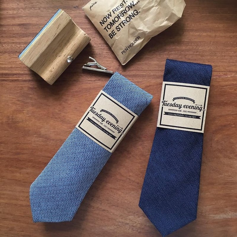 Neck tie Jean Wave [Blue / Navy] - 領帶/領帶夾 - 棉．麻 藍色