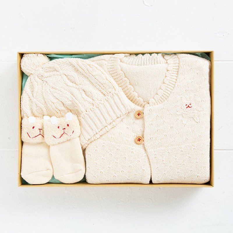 [Pinkoi exclusive] Gift set WG-1 Winter gift 100% organic cotton rope knit cap, pile socks, cotton-filled vest, 3-piece set, made in Japan - Baby Gift Sets - Cotton & Hemp White
