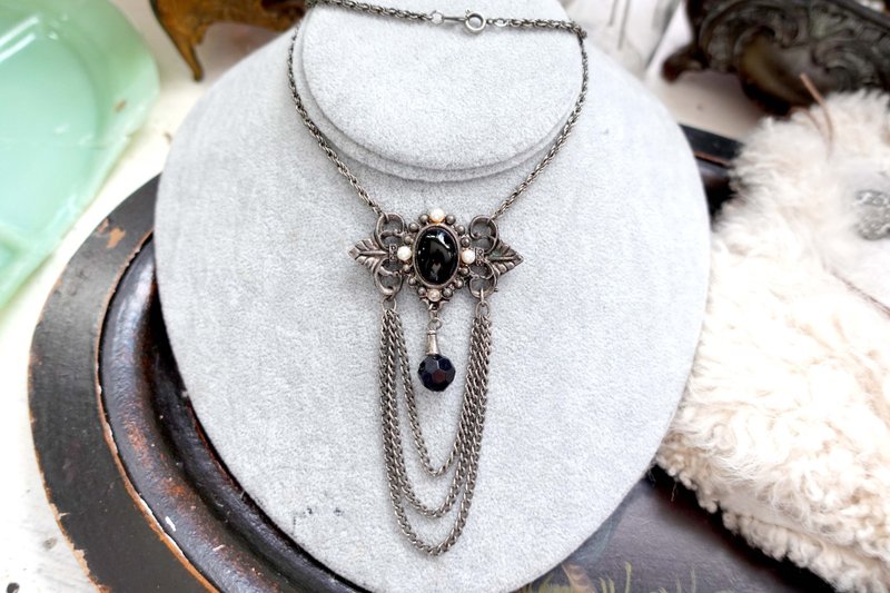 Japanese antique black and silver gothic style black Gemstone choker necklace high quality second hand vintage jewelry - สร้อยคอ - โลหะ สีดำ