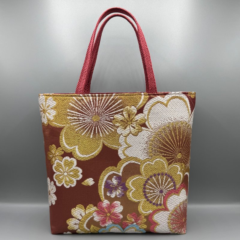着物 帯 リメイク ハンドメイド トートバッグ 紫 桜 帯締め - 手提包/手提袋 - 絲．絹 紫色